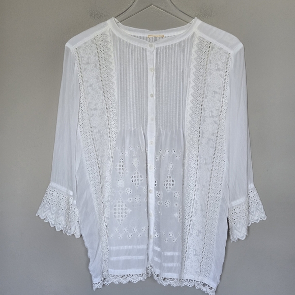 Johnny Was Boho White Eyelet Embroidered Lace Ruffle Button Down Tunic Blouse - Picture 6 of 9
